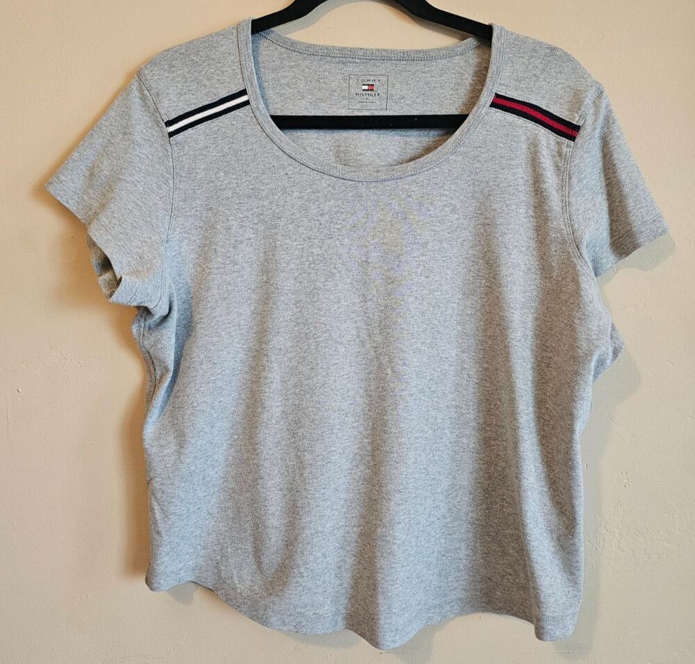 Tommy Hilfiger Womens Shirt XLWhite Blue Gray Pullover Top Short Sleeve crop